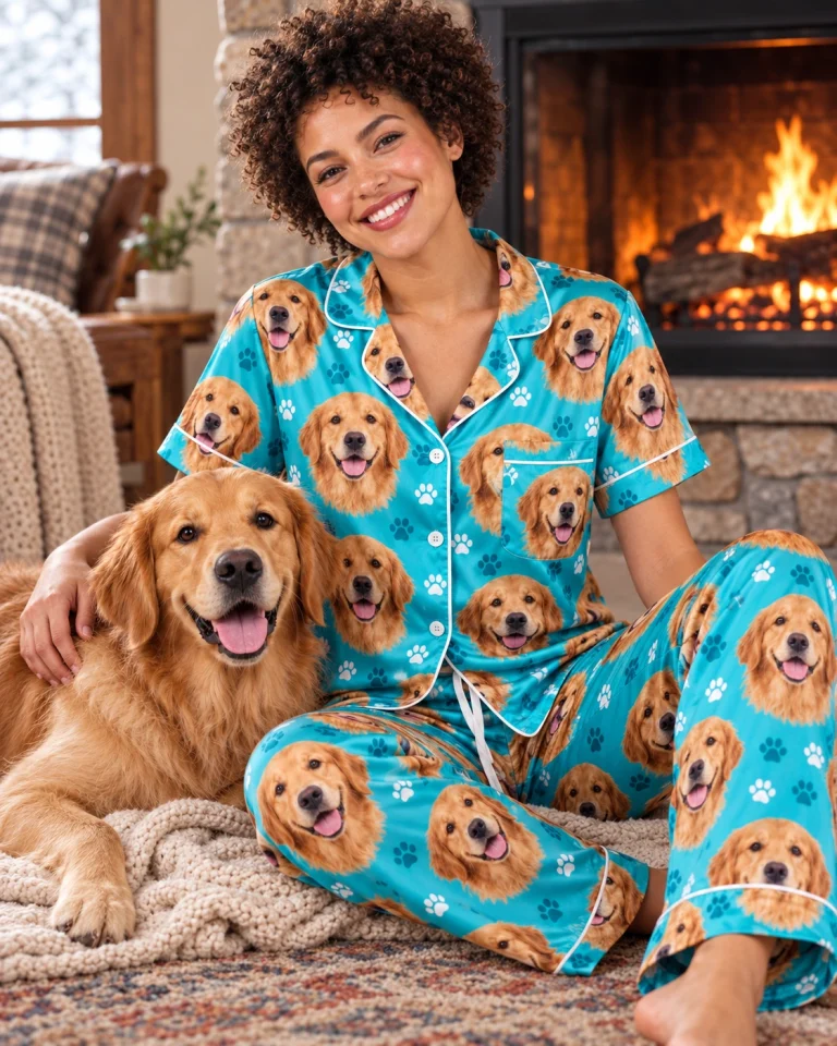 Woman in golden retriever print pajamas with her Golden Retriever — MyDogPics