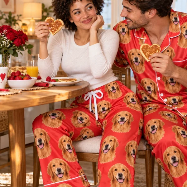 Woman and her partner in matching golden retriever Valentine pajamas with golden Golden Retriever faces — MyDogPics