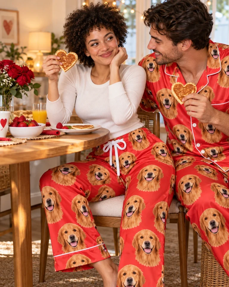 Woman and her partner in matching golden retriever Valentine pajamas with golden Golden Retriever faces — MyDogPics