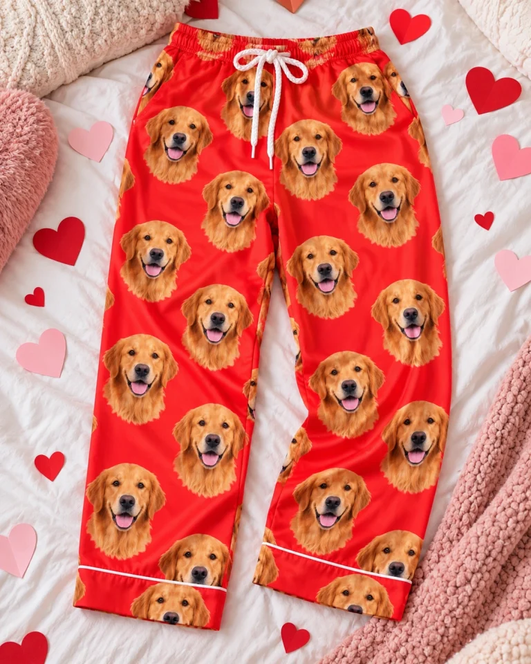 Flat lay of golden retriever Valentine pajamas: pants covered in golden Golden Retriever faces — MyDogPics