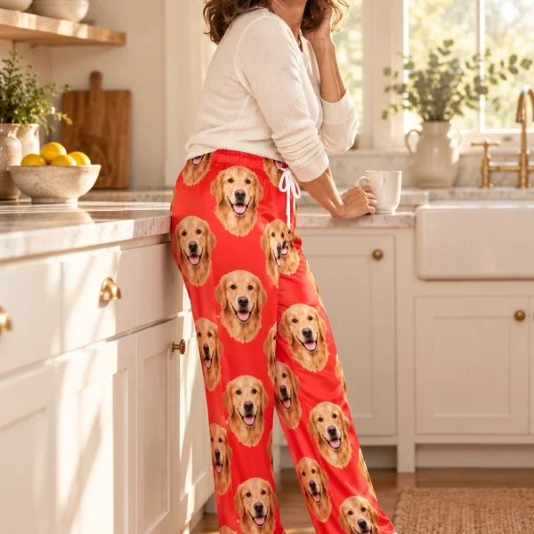 Side view of golden retriever Valentine pajamas with golden Golden Retriever faces on red satin — MyDogPics