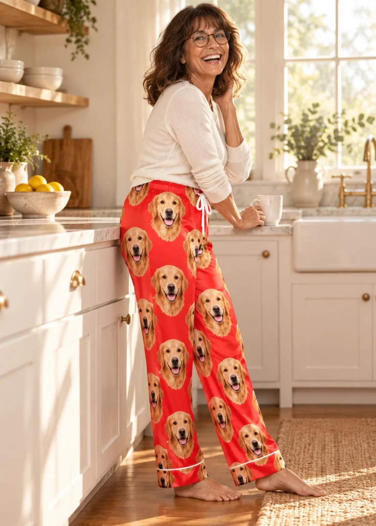 Side view of golden retriever Valentine pajamas with golden Golden Retriever faces on red satin — MyDogPics