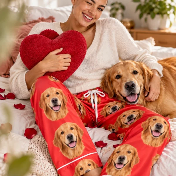 Woman in golden retriever Valentine pajamas with her Golden Retriever — MyDogPics
