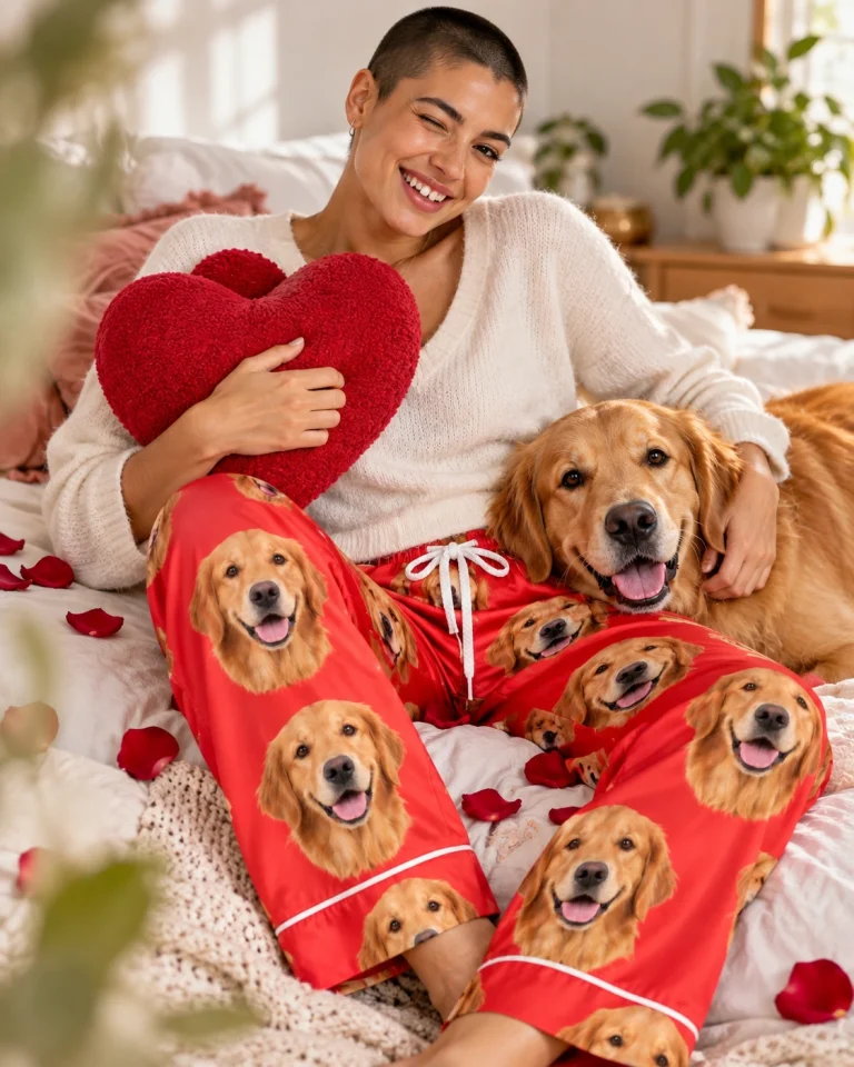 Woman in golden retriever Valentine pajamas with her Golden Retriever — MyDogPics
