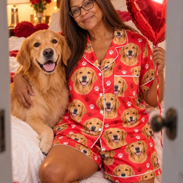 Woman in a golden retriever Valentines day pajama set cuddling her Golden Retriever — MyDogPics