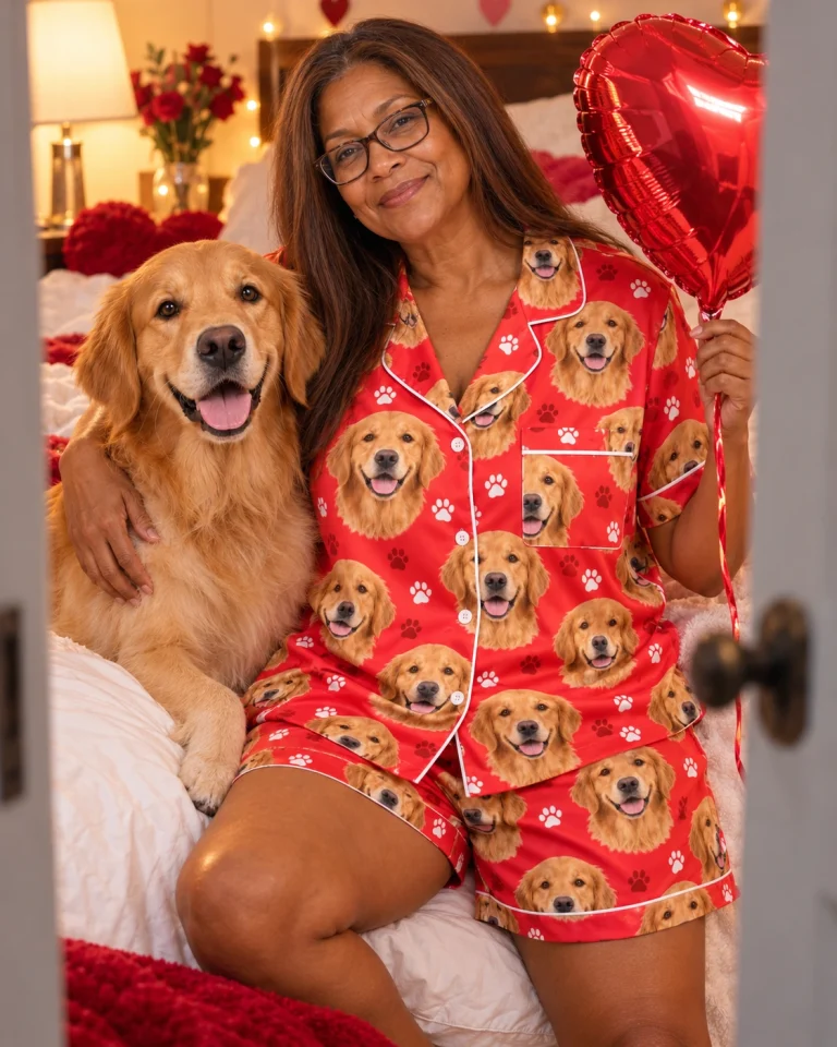 Woman in a golden retriever Valentines day pajama set cuddling her Golden Retriever — MyDogPics