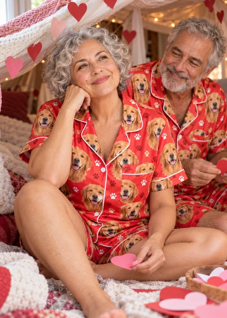 Woman and her partner in matching golden retriever Valentines day pajama set with golden Golden Retriever faces — MyDogPics