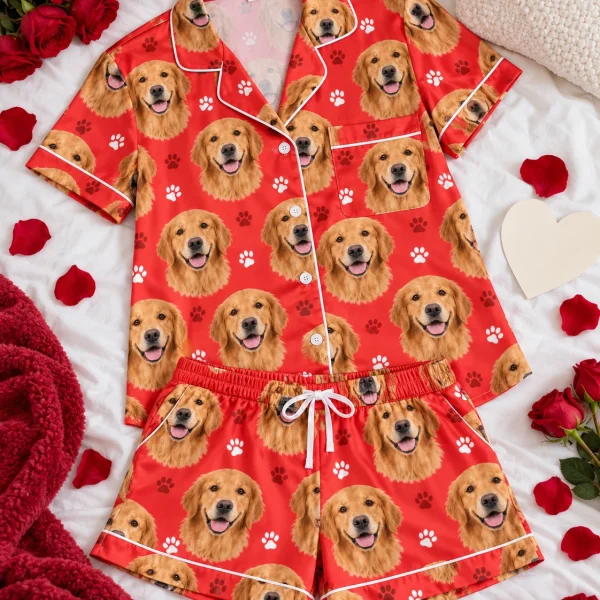 Flat lay of a golden retriever Valentines day pajama set — MyDogPics