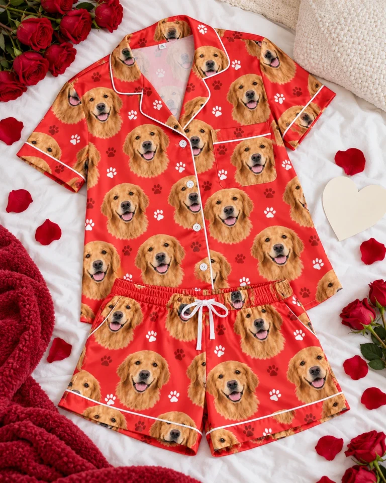 Flat lay of a golden retriever Valentines day pajama set — MyDogPics