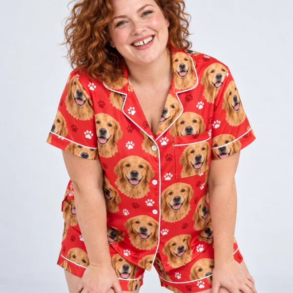 Woman posing in a golden retriever Valentines day pajama set with golden Golden Retriever faces — MyDogPics