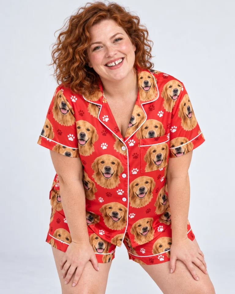 Woman posing in a golden retriever Valentines day pajama set with golden Golden Retriever faces — MyDogPics