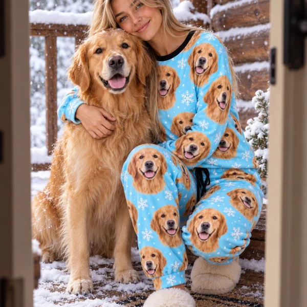 Woman in golden retriever winter pajamas cuddling her Golden Retriever — MyDogPics