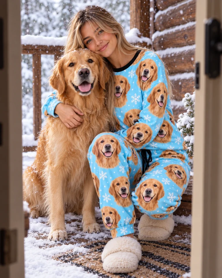 Woman in golden retriever winter pajamas cuddling her Golden Retriever — MyDogPics