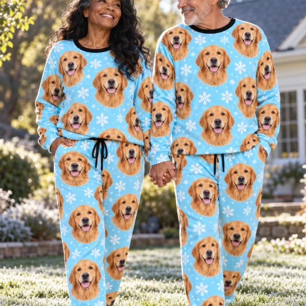 Woman and her partner in matching golden retriever winter pajamas with golden Golden Retriever faces — MyDogPics