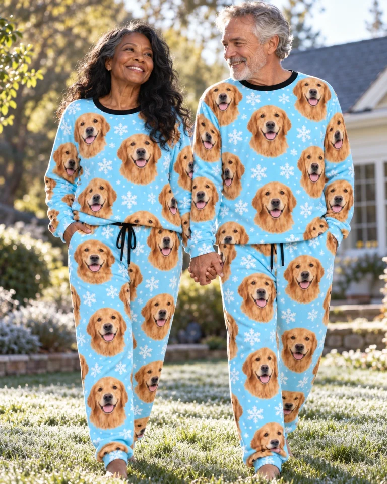 Woman and her partner in matching golden retriever winter pajamas with golden Golden Retriever faces — MyDogPics