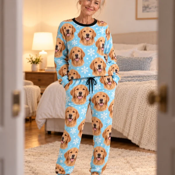Woman wearing golden retriever winter pajamas covered in golden Golden Retriever faces — MyDogPics