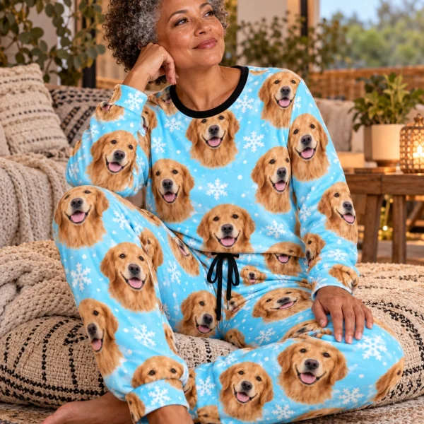 Woman sitting in golden retriever winter pajamas covered in golden Golden Retriever faces — MyDogPics