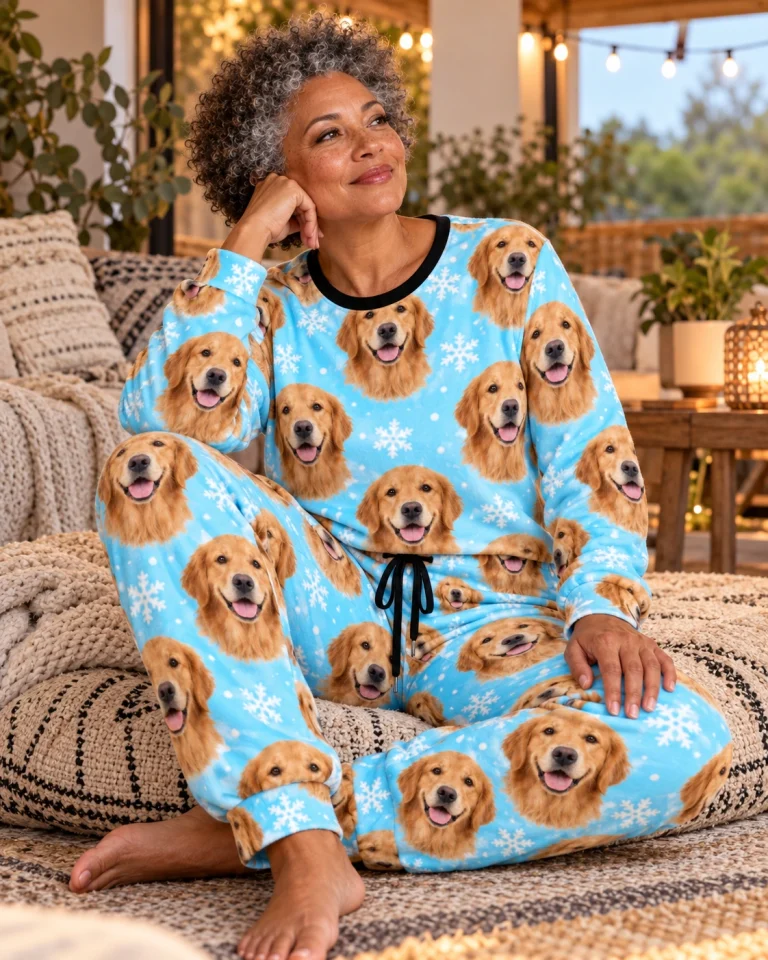 Woman sitting in golden retriever winter pajamas covered in golden Golden Retriever faces — MyDogPics