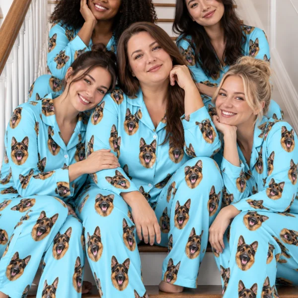 Woman and her friends in matching gsd pajamas with black-and-tan German Shepherd faces on light blue fabric — MyDogPics