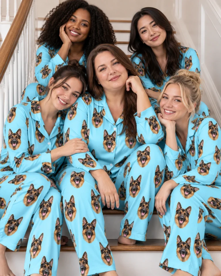 Woman and her friends in matching gsd pajamas with black-and-tan German Shepherd faces on light blue fabric — MyDogPics
