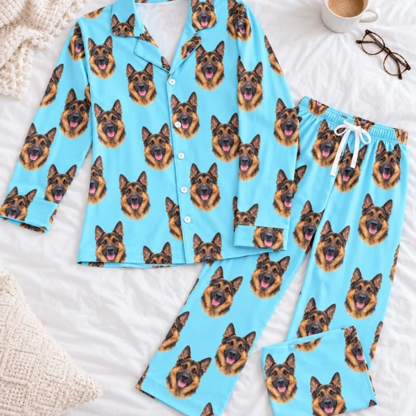 Woman posing in gsd pajamas, black-and-tan German Shepherd faces on light blue fabric — MyDogPics