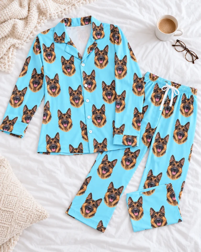 Woman posing in gsd pajamas, black-and-tan German Shepherd faces on light blue fabric — MyDogPics