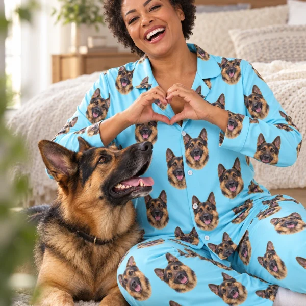 Woman in gsd pajamas with her German Shepherd — MyDogPics