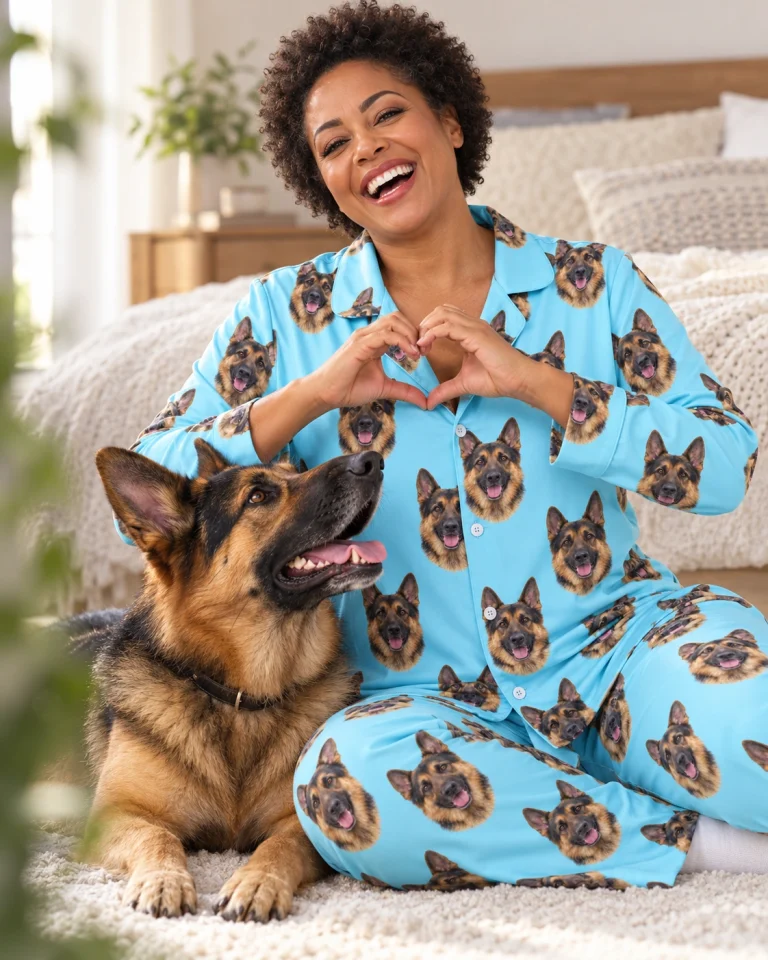 Woman in gsd pajamas with her German Shepherd — MyDogPics