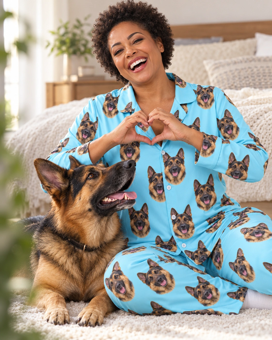Gsd Pajamas – With Dog, Light Blue | MyDogPics Woman in gsd pajamas with her German Shepherd — MyDogPics