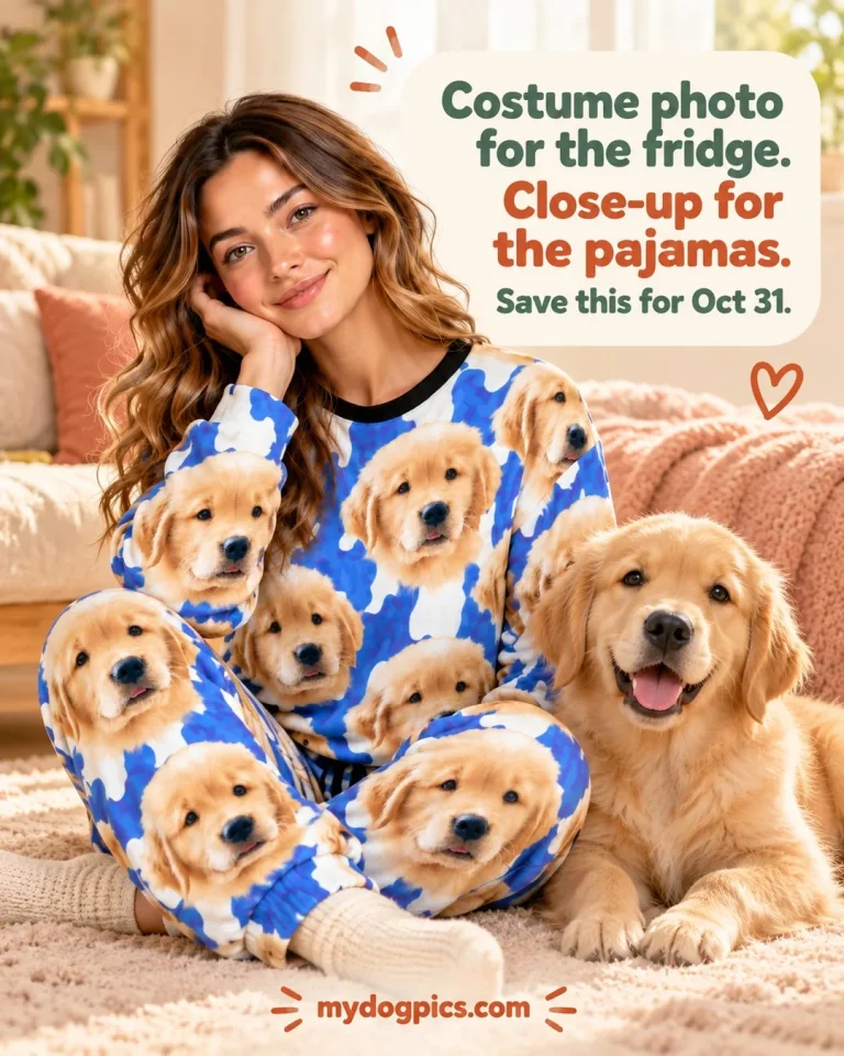 Woman in golden retriever face pajamas: keep the costume photo, print a close-up for halloween pajamas, MyDogPics