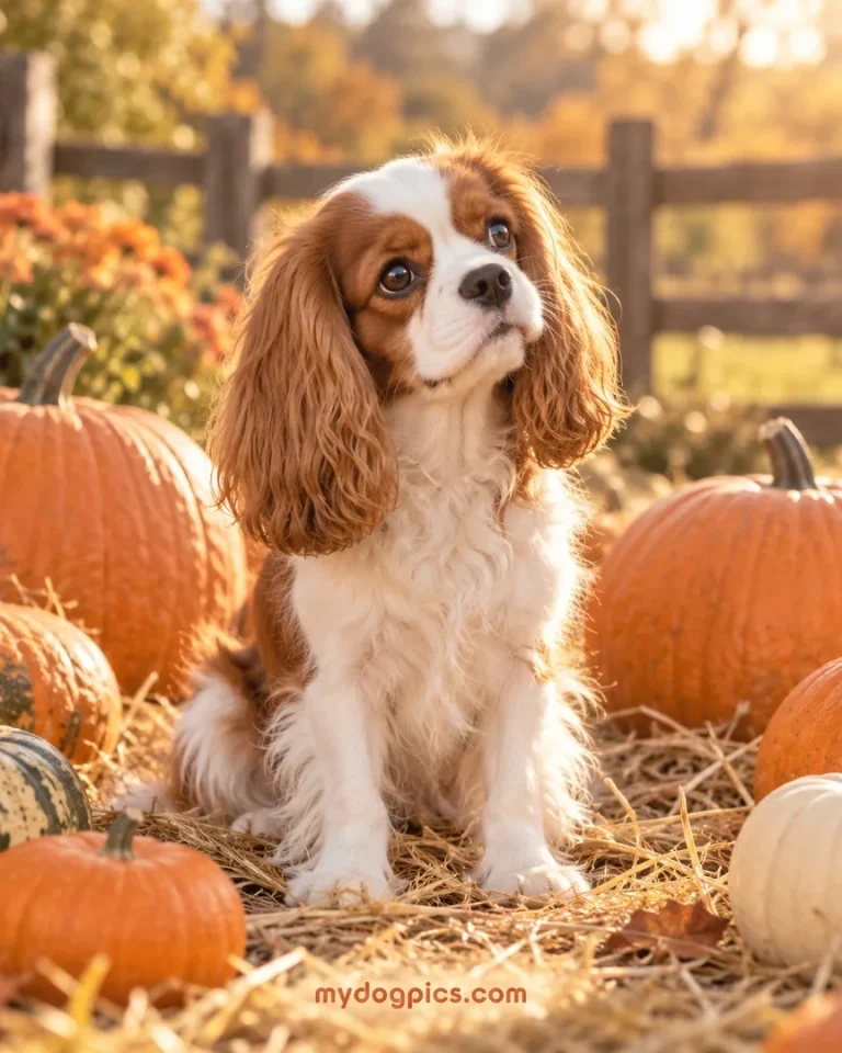 Cavalier King Charles Spaniel sitting among pumpkins in warm autumn light, a halloween pajamas season photo, MyDogPics