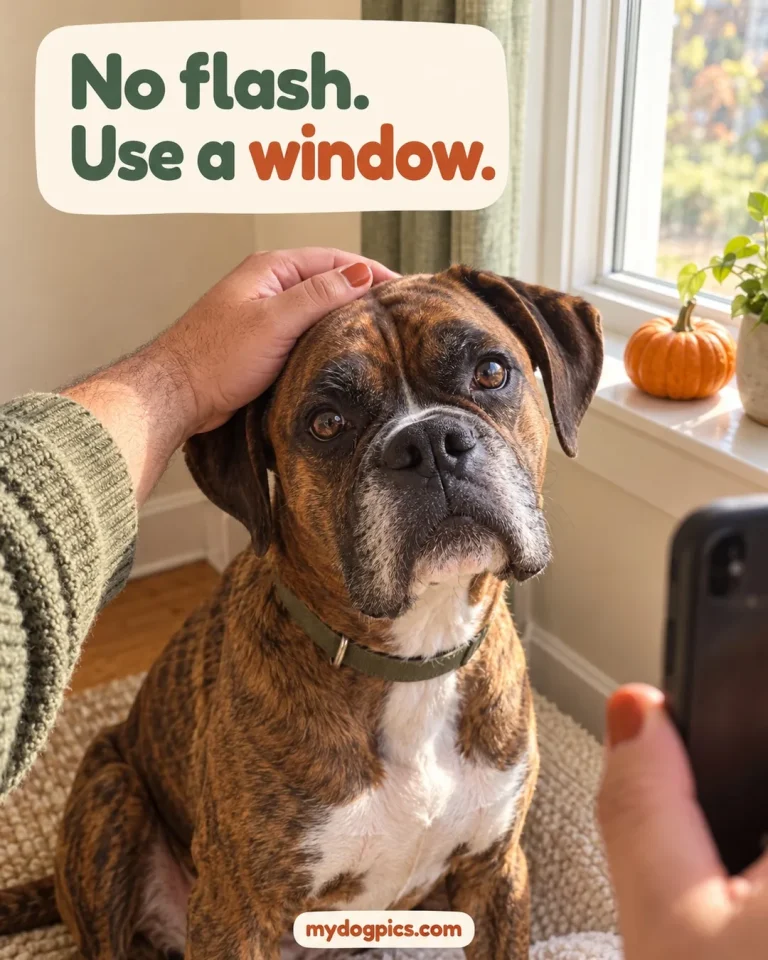 Boxer by a sunny window with a small pumpkin: window light and no flash for halloween pajamas photos, MyDogPics