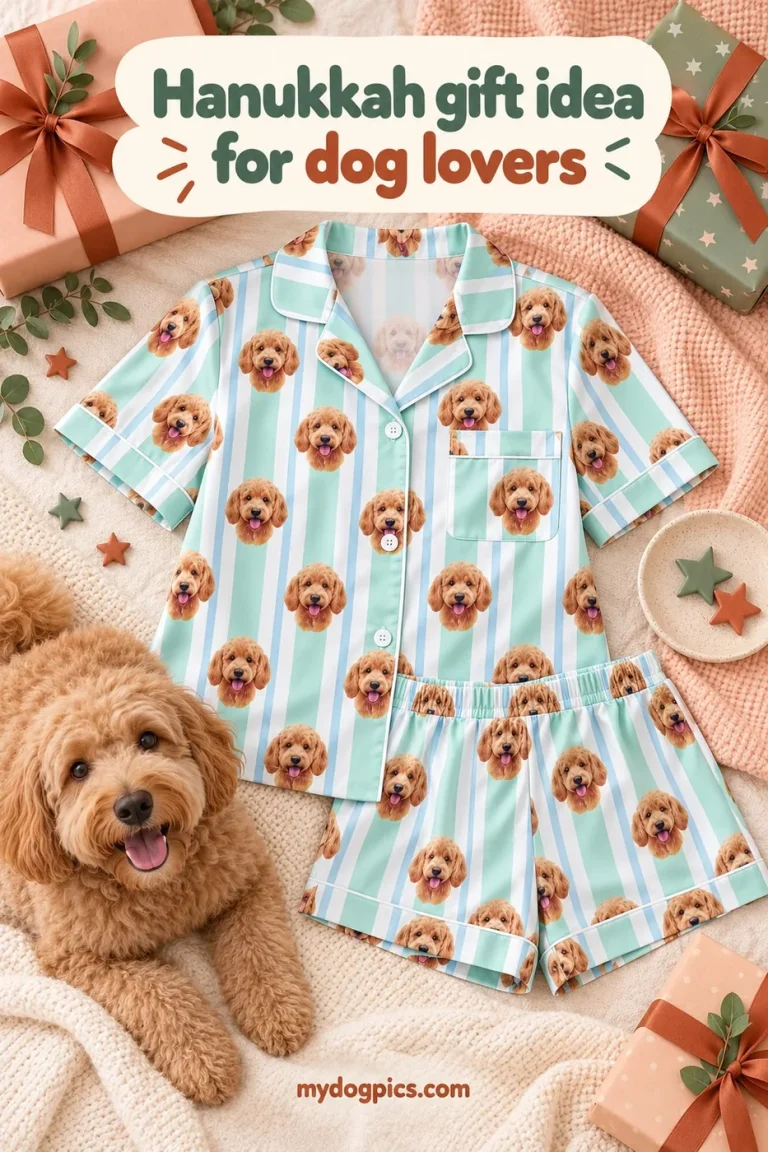 Mint striped pajama set printed with a doodle face among wrapped gifts, a hanukkah pajamas gift idea, MyDogPics