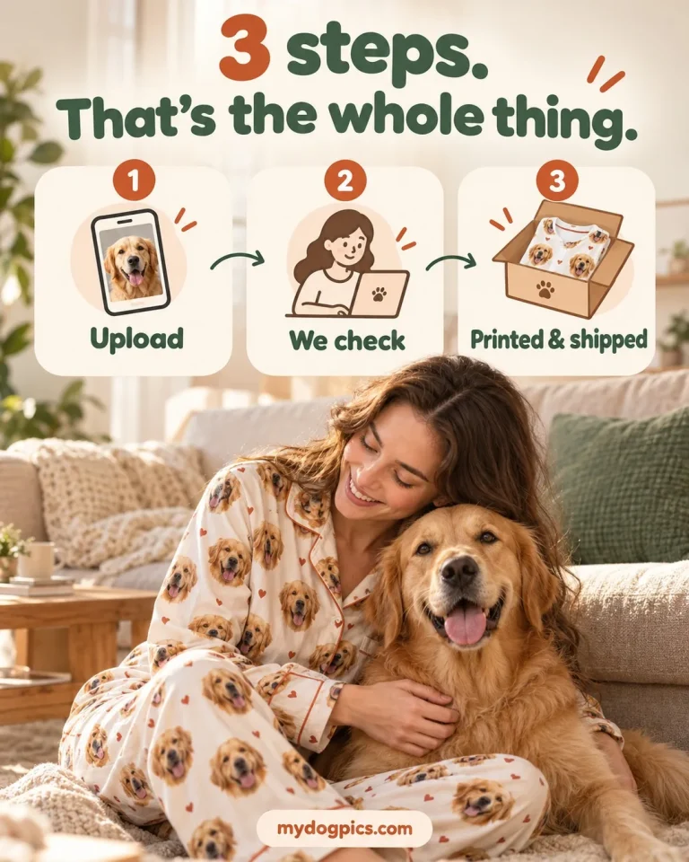 Woman hugging her golden retriever beside the 3 steps of how to put your dog's face on pajamas, by MyDogPics