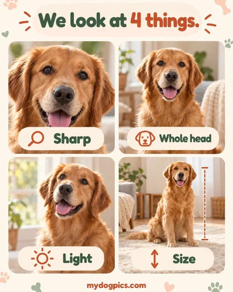 Four checks for how to put your dog's face on pajamas: sharp, whole head, light and size, by MyDogPics