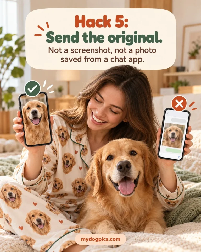 Original dog photo versus a blurry screenshot: a mistake in how to put your dog's face on pajamas, MyDogPics
