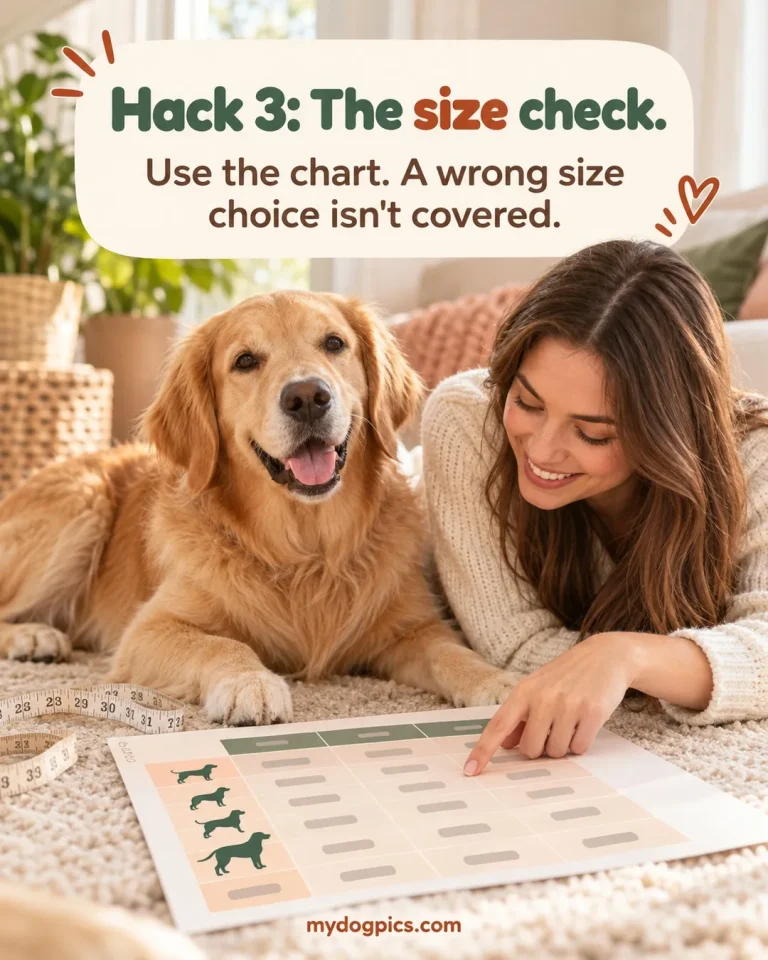 Woman pointing at a size chart beside her dog, a step in how to put your dog's face on pajamas, MyDogPics