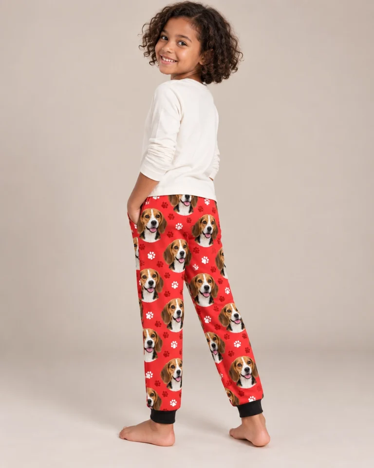 Back view of kids beagle pajama pants: the print continues all the way round — MyDogPics