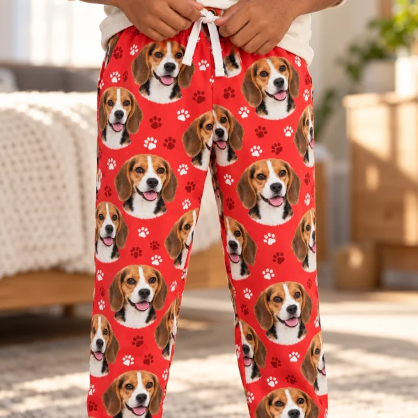Close-up of the kids beagle pajama pants print with tricolor Beagle (black, tan and white) faces — MyDogPics