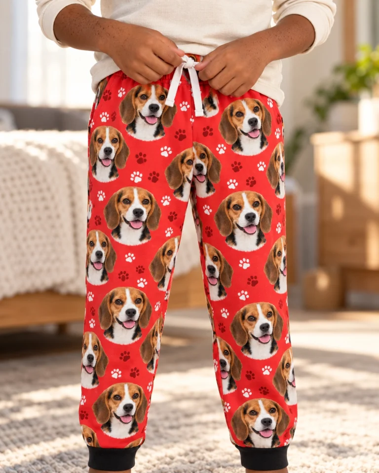 Close-up of the kids beagle pajama pants print with tricolor Beagle (black, tan and white) faces — MyDogPics