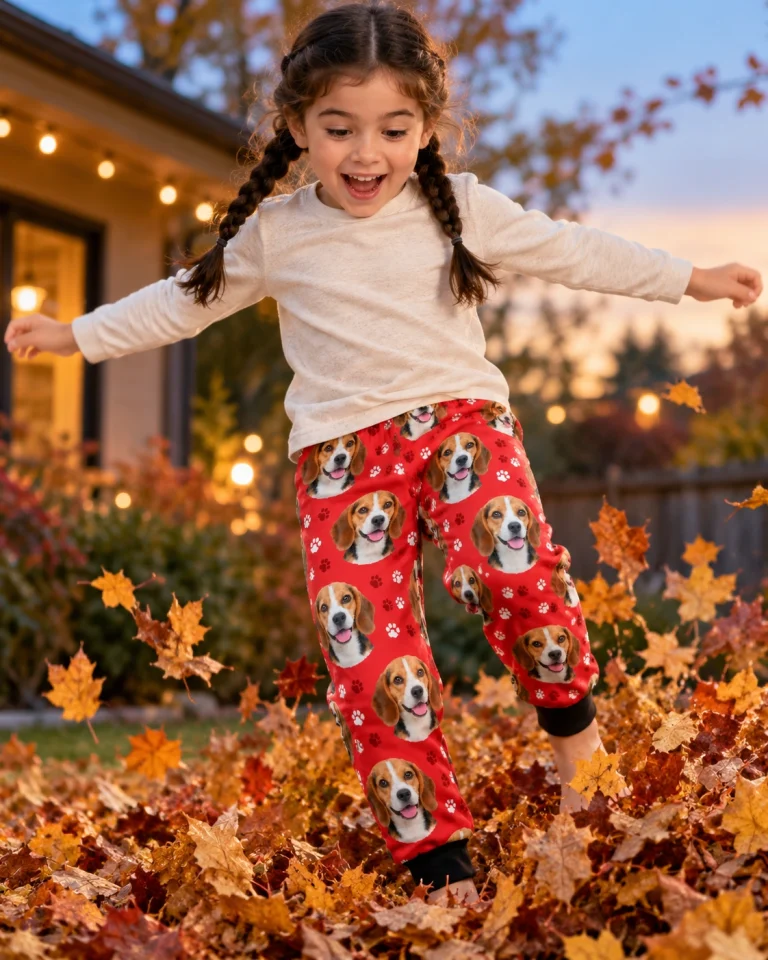 Girl posing in kids beagle pajama pants, tricolor Beagle (black, tan and white) faces on red paw-print fabric — MyDogPics
