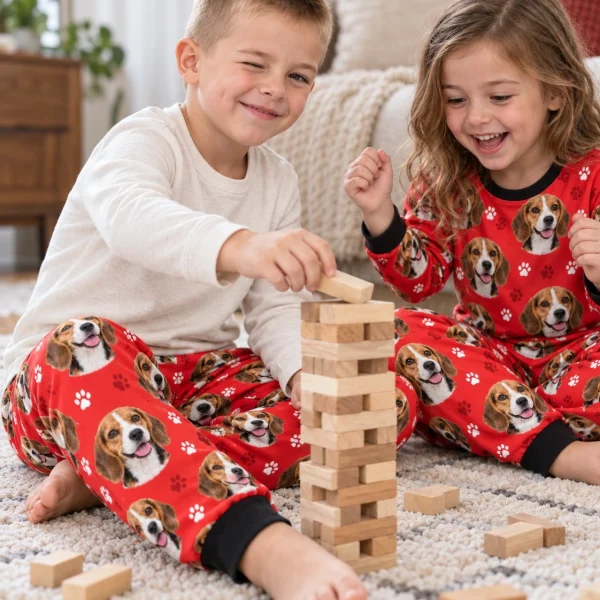 Two kids in kids beagle pajama pants with tricolor Beagle (black, tan and white) faces on red paw-print fabric — MyDogPics