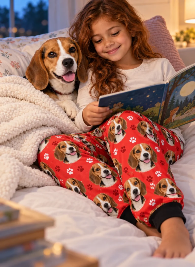 Girl in kids beagle pajama pants with her Beagle — MyDogPics