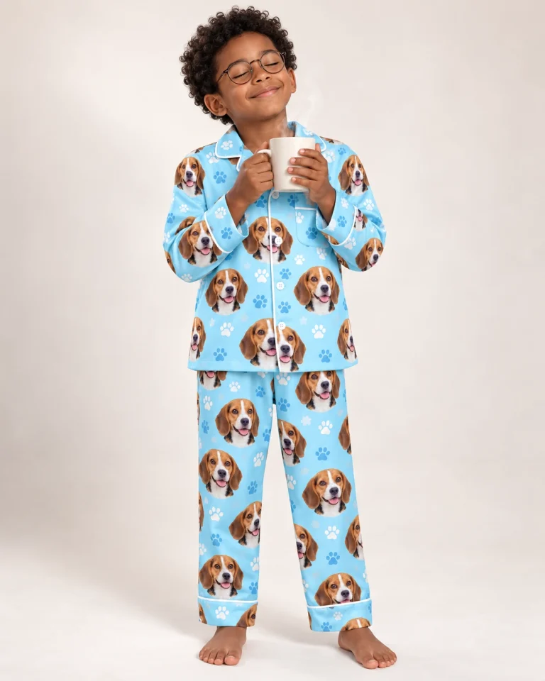 Boy wearing kids beagle pajamas covered in tricolor Beagle (black, tan and white) faces — MyDogPics