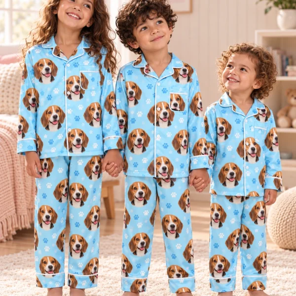 Kids in matching kids beagle pajamas with tricolor Beagle (black, tan and white) faces — MyDogPics
