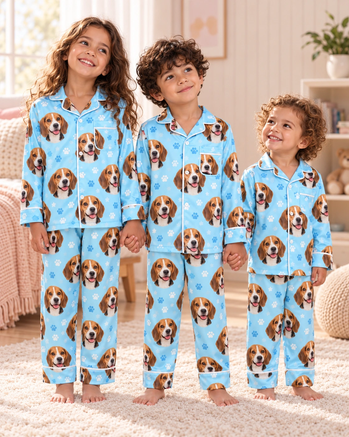 Kids Beagle Pajamas – Kids Group, Light Blue Paw-Print | MyDogPics Kids in matching kids beagle pajamas with tricolor Beagle (black, tan and white) faces — MyDogPics