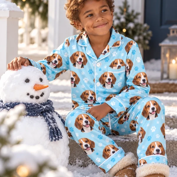 Boy sitting in kids beagle pajamas covered in tricolor Beagle (black, tan and white) faces — MyDogPics