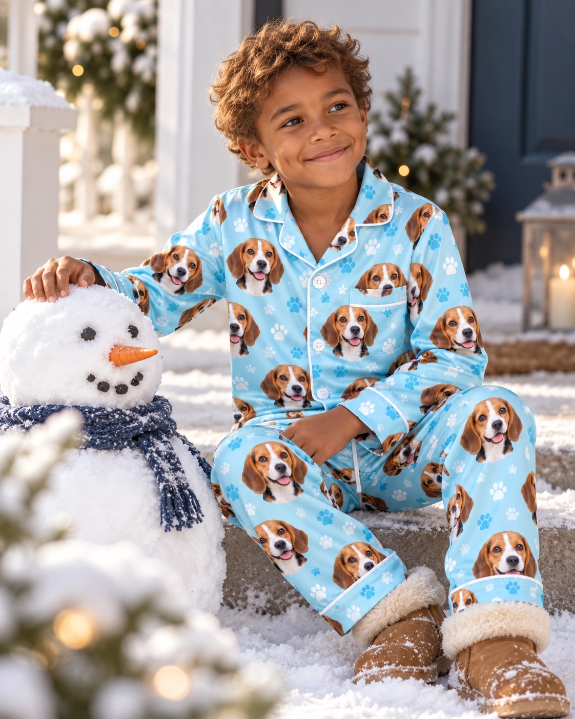 Kids Beagle Pajamas – Sitting, Light Blue Paw-Print | MyDogPics Boy sitting in kids beagle pajamas covered in tricolor Beagle (black, tan and white) faces — MyDogPics