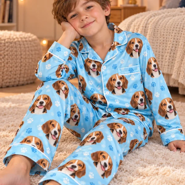 Boy sitting in kids beagle pajamas covered in tricolor Beagle (black, tan and white) faces — MyDogPics