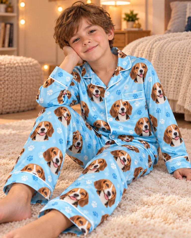 Boy sitting in kids beagle pajamas covered in tricolor Beagle (black, tan and white) faces — MyDogPics